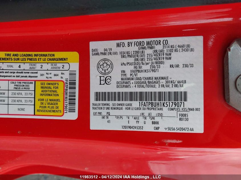 2019 Ford Mustang Ecoboost Premium VIN: 1FATP8UH1K5179071 Lot: 11983512