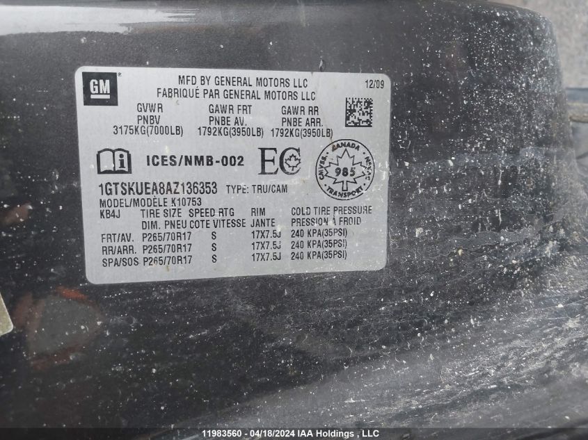 2010 GMC Sierra 1500 VIN: 1GTSKUEA8AZ136353 Lot: 11983560