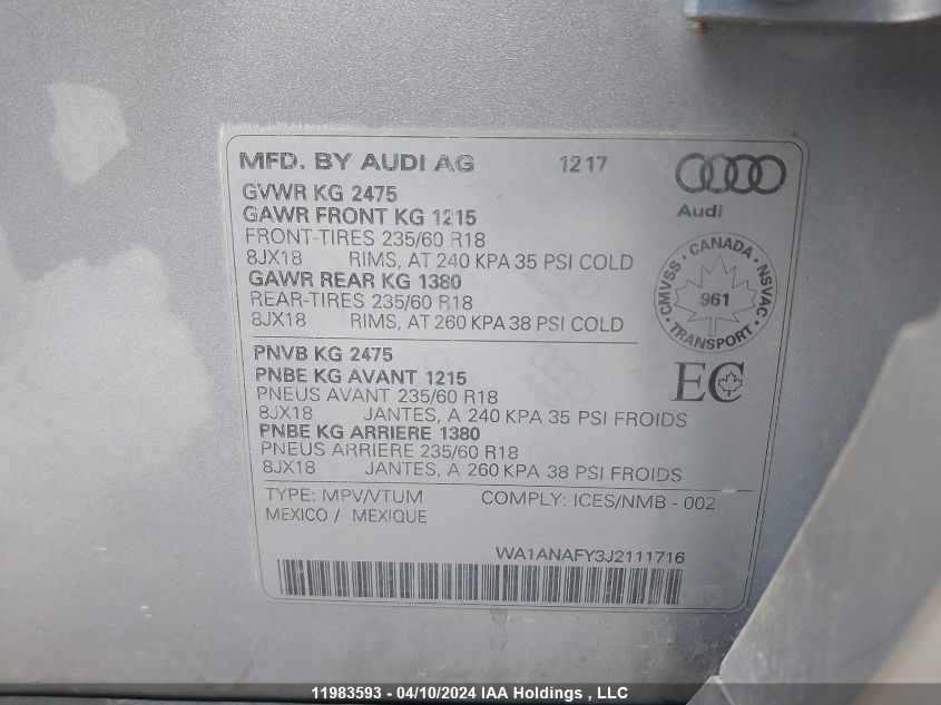 2018 Audi Q5 Premium VIN: WA1ANAFY3J2111716 Lot: 11983593