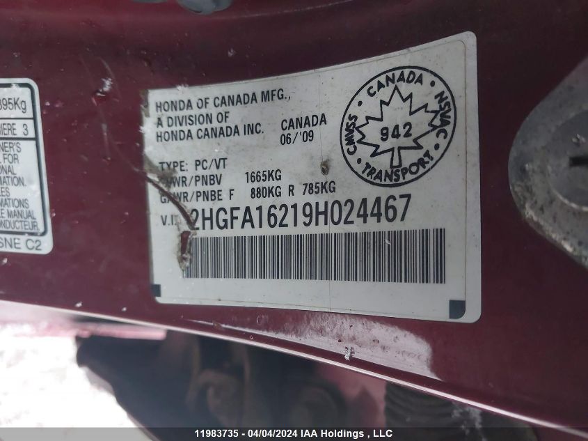 2009 Honda Civic Sdn VIN: 2HGFA16219H024467 Lot: 11983735