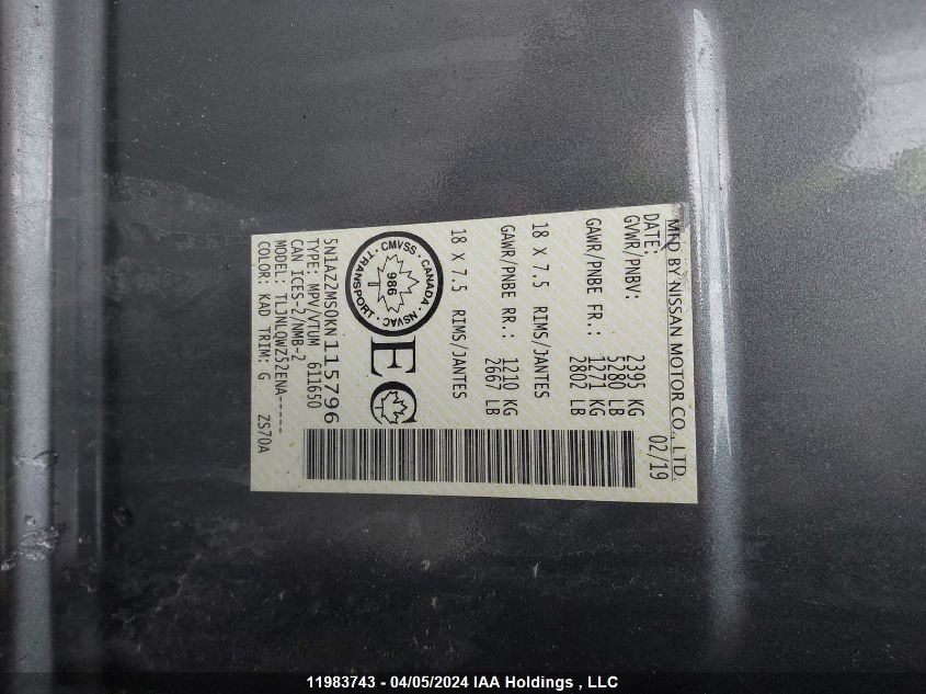 2019 Nissan Murano VIN: 5N1AZ2MS0KN115796 Lot: 11983743