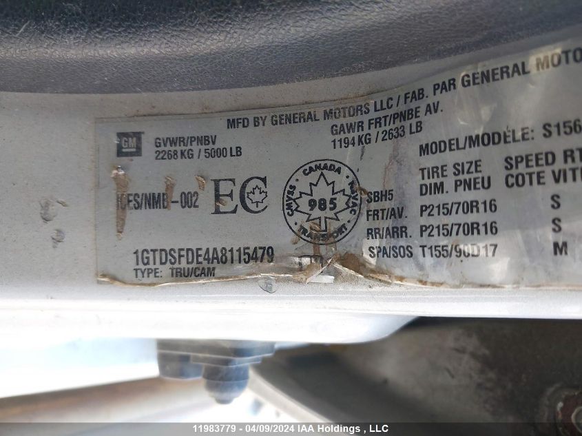 2010 GMC Canyon Slt VIN: 1GTDSFDE4A8115479 Lot: 11983779