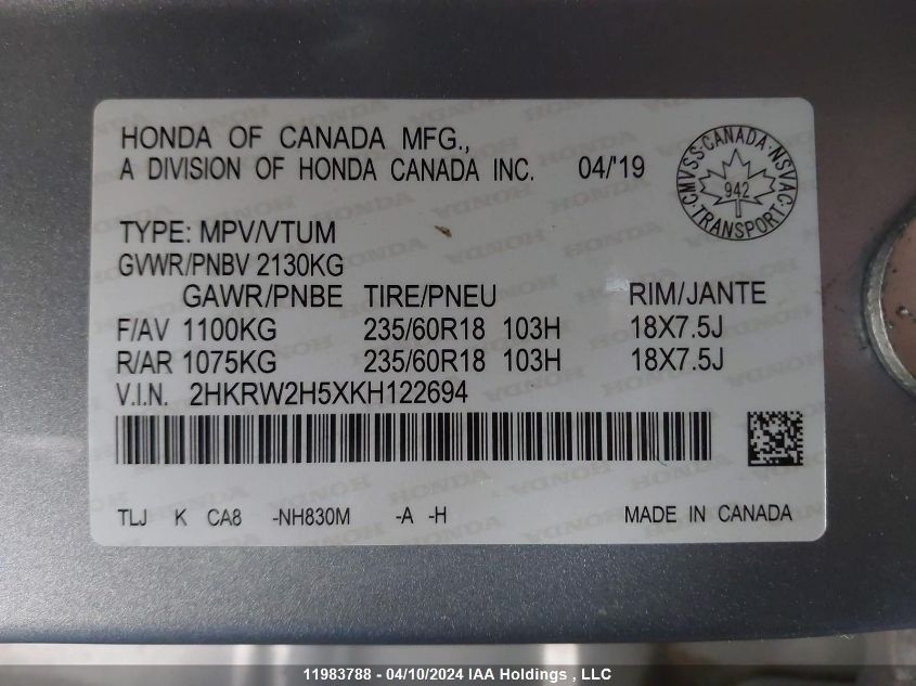 2019 Honda Cr-V VIN: 2HKRW2H5XKH122694 Lot: 11983788