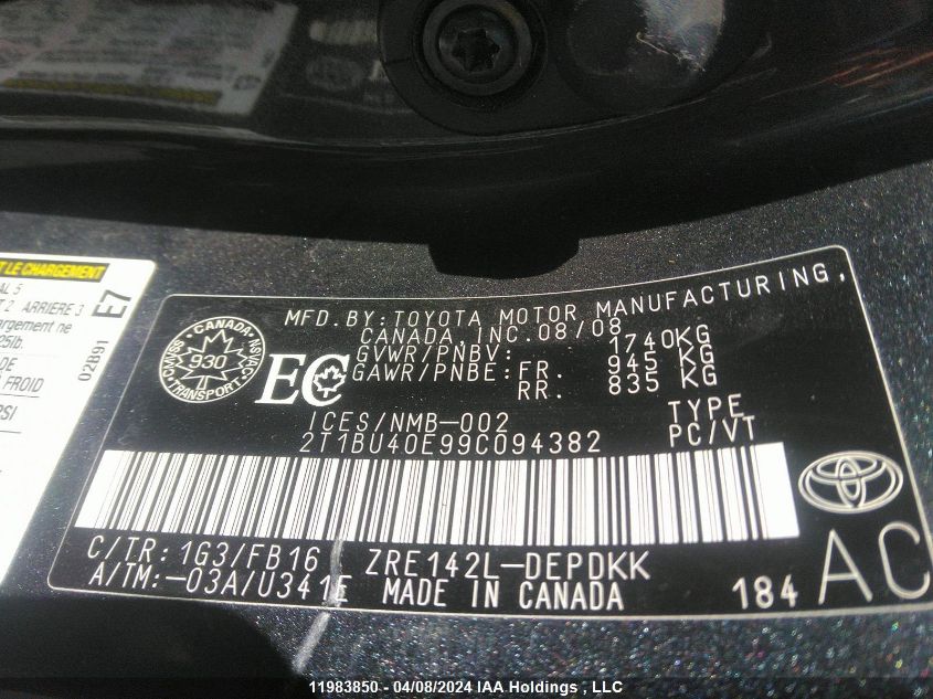 2009 Toyota Corolla S/Le/Xle VIN: 2T1BU40E99C094382 Lot: 11983850