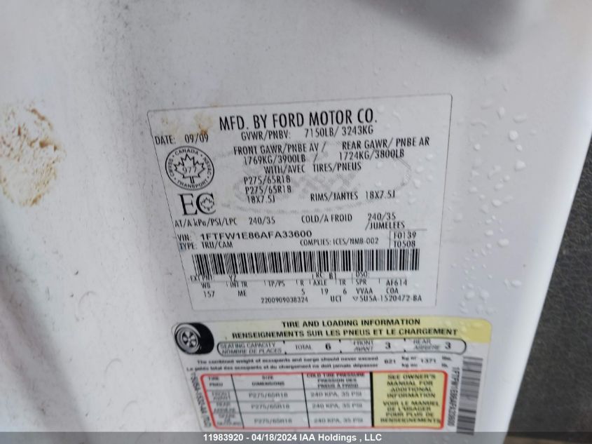 2010 Ford F-150 VIN: 1FTFW1E86AFA33600 Lot: 11983920