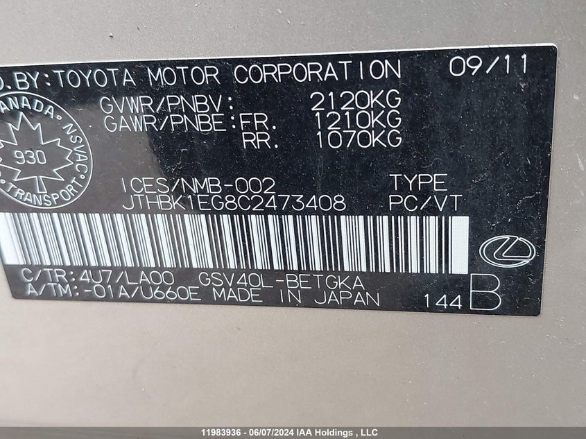 2012 Lexus Es350 VIN: JTHBK1EG8C2473408 Lot: 11983936