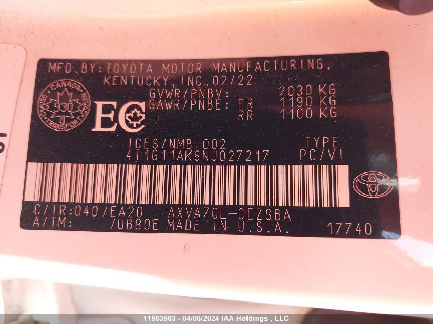 2022 Toyota Camry Se/Se Night Shade VIN: 4T1G11AK8NU027217 Lot: 11983983