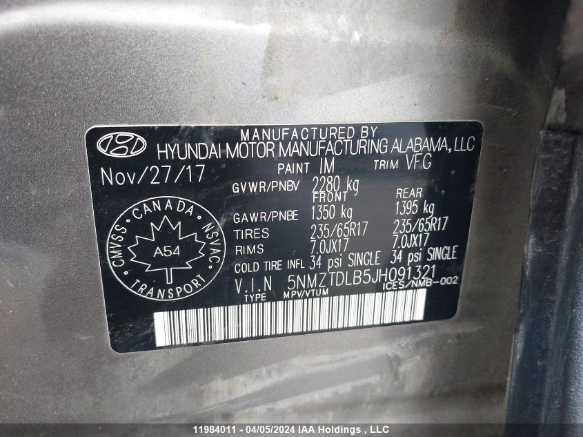 2018 Hyundai Santa Fe Sport 2.4 Base VIN: 5NMZTDLB5JH091321 Lot: 11984011