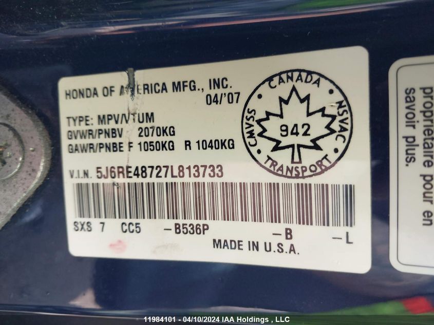 2007 Honda Cr-V VIN: 5J6RE48727L813733 Lot: 11984101