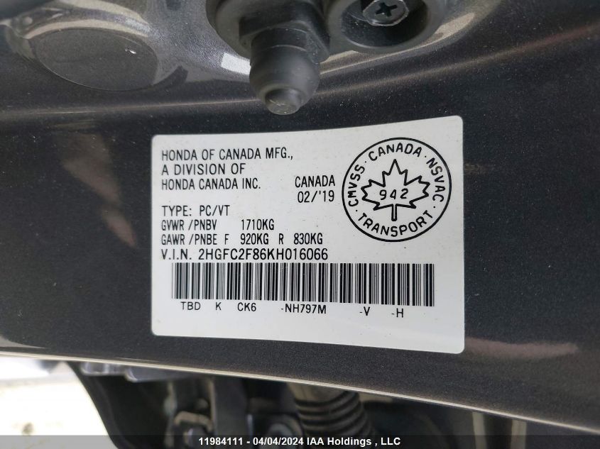 2019 Honda Civic Sedan VIN: 2HGFC2F86KH016066 Lot: 11984111