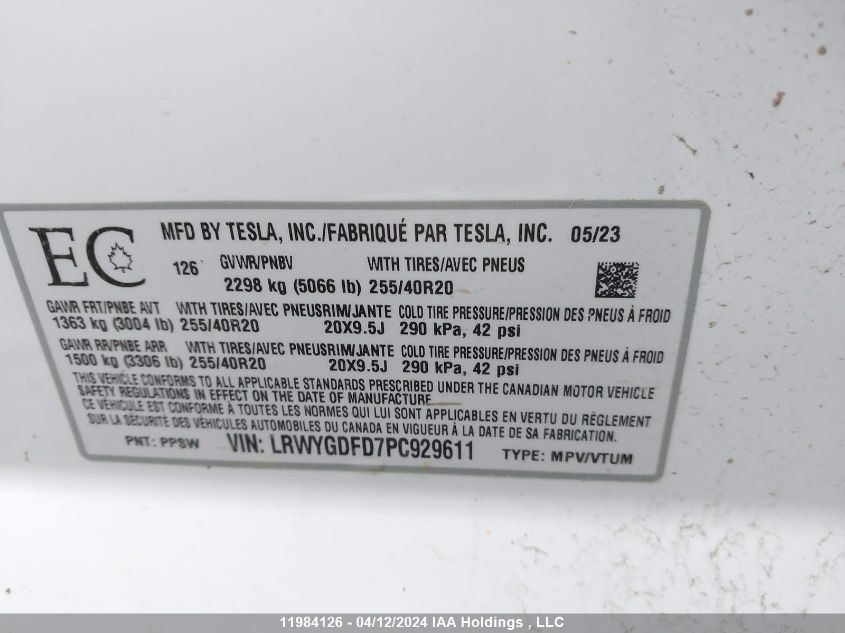 2023 Tesla Model Y VIN: LRWYGDFD7PC929611 Lot: 11984126