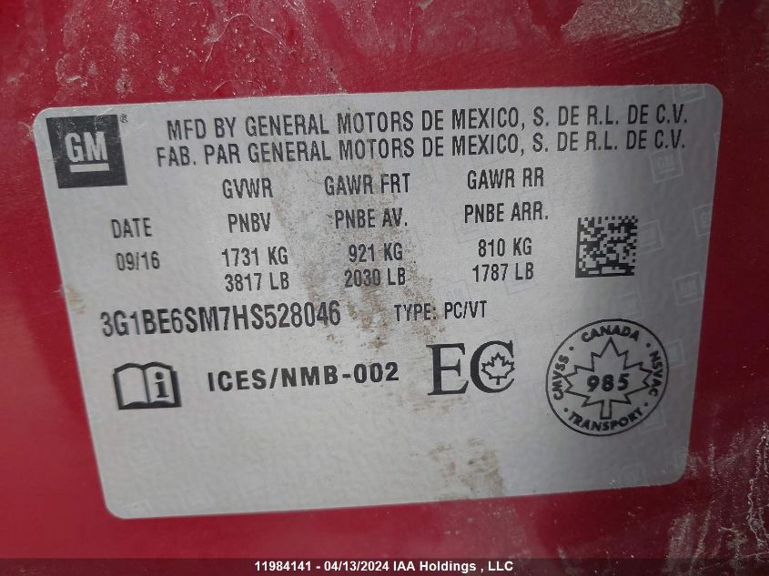 2017 Chevrolet Cruze VIN: 3G1BE6SM7HS528046 Lot: 11984141