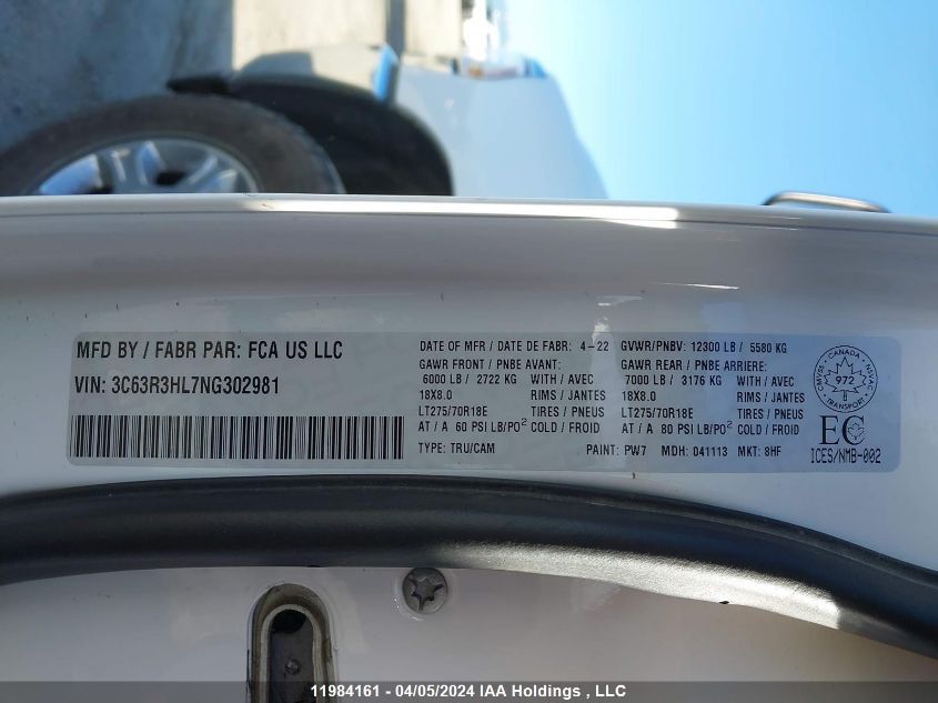 2022 Ram 3500 Big Horn/Lone Star VIN: 3C63R3HL7NG302981 Lot: 11984161