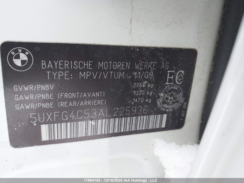 2010 BMW X6 VIN: 5UXFG4C53AL225936 Lot: 11984182