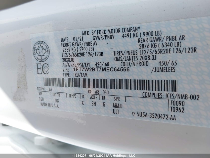 2021 Ford F-250 Platinum VIN: 1FT7W2BT7MEC64566 Lot: 11984207