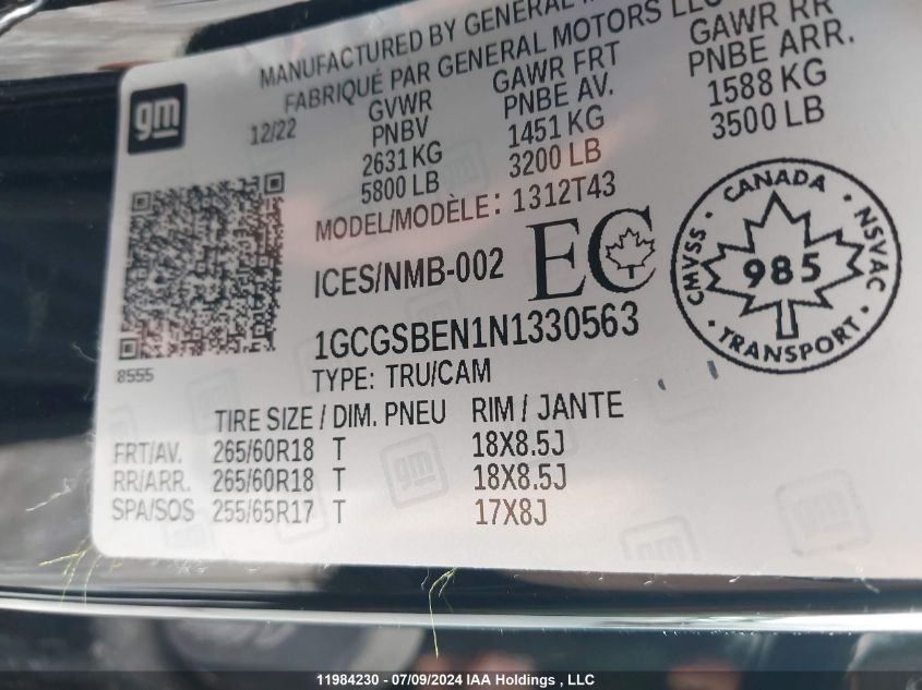 2022 Chevrolet Colorado VIN: 1GCGSBEN1N1330563 Lot: 11984230