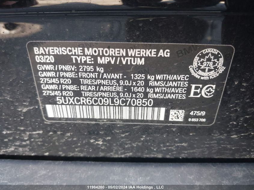 2020 BMW X5 VIN: 5UXCR6C09L9C70850 Lot: 11984280