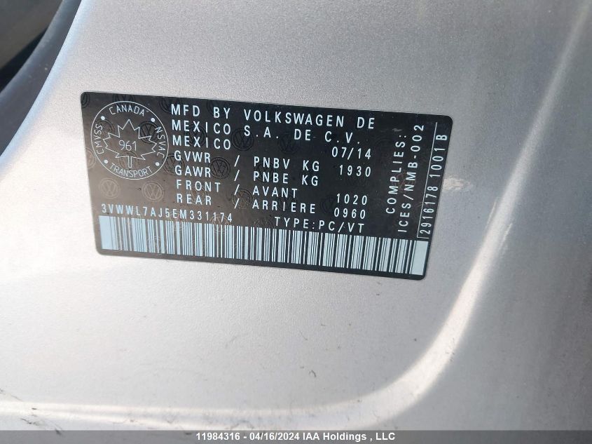 2014 Volkswagen Jetta Sedan VIN: 3VWWL7AJ5EM331174 Lot: 11984316