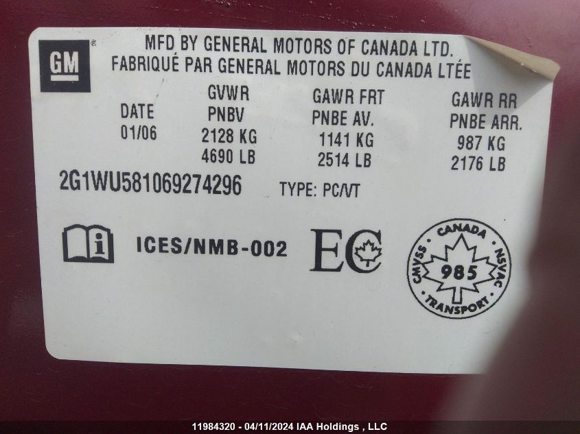 2006 Chevrolet Impala VIN: 2G1WU581069274296 Lot: 11984320