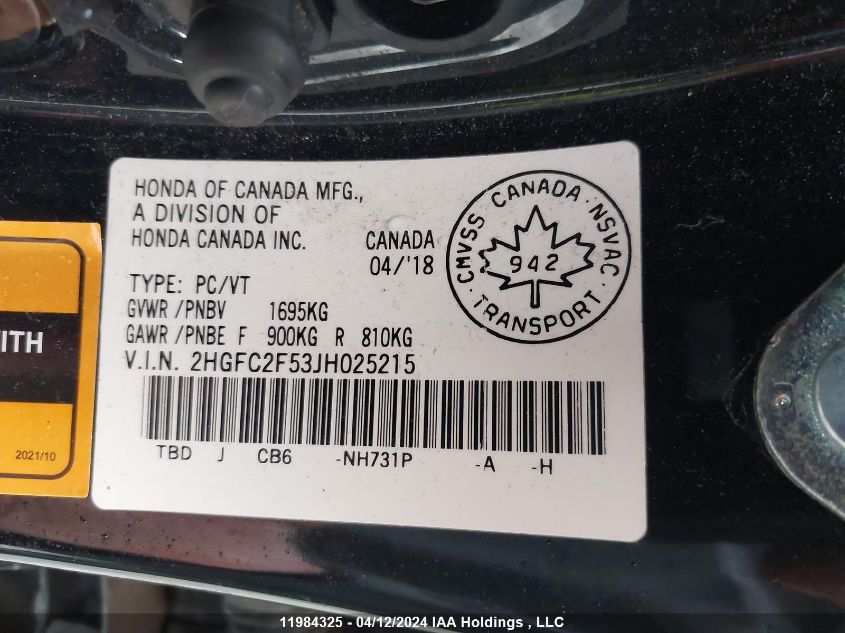 2018 Honda Civic Sedan VIN: 2HGFC2F53JH025215 Lot: 11984325