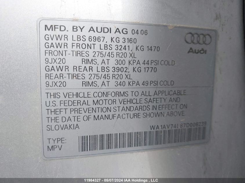 2007 Audi Q7 VIN: WA1AV74L87D006239 Lot: 11984327