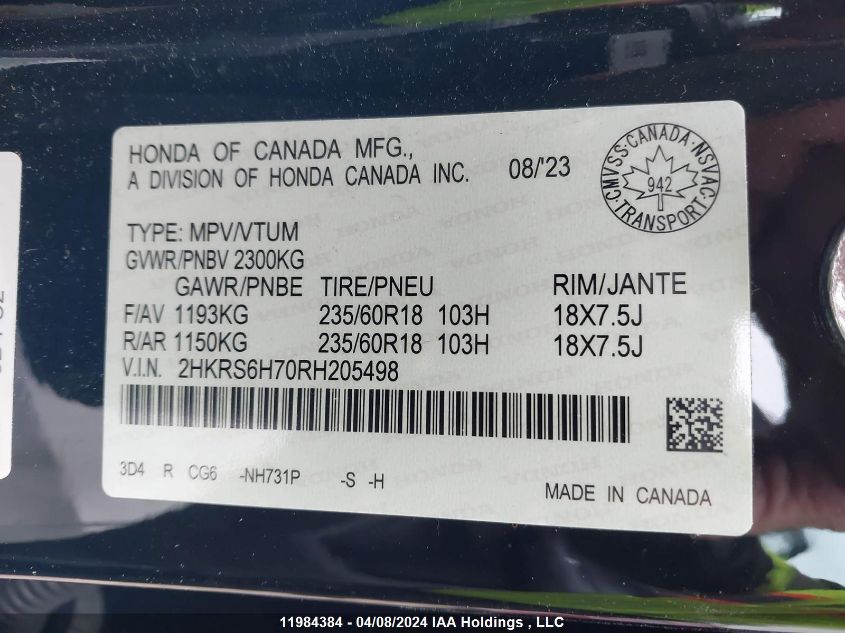 2024 Honda Cr-V Hybrid VIN: 2HKRS6H70RH205498 Lot: 39240074