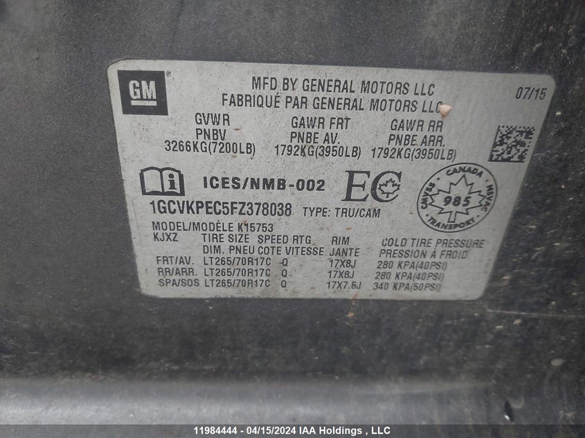 2015 Chevrolet Silverado 1500 VIN: 1GCVKPEC5FZ378038 Lot: 11984444