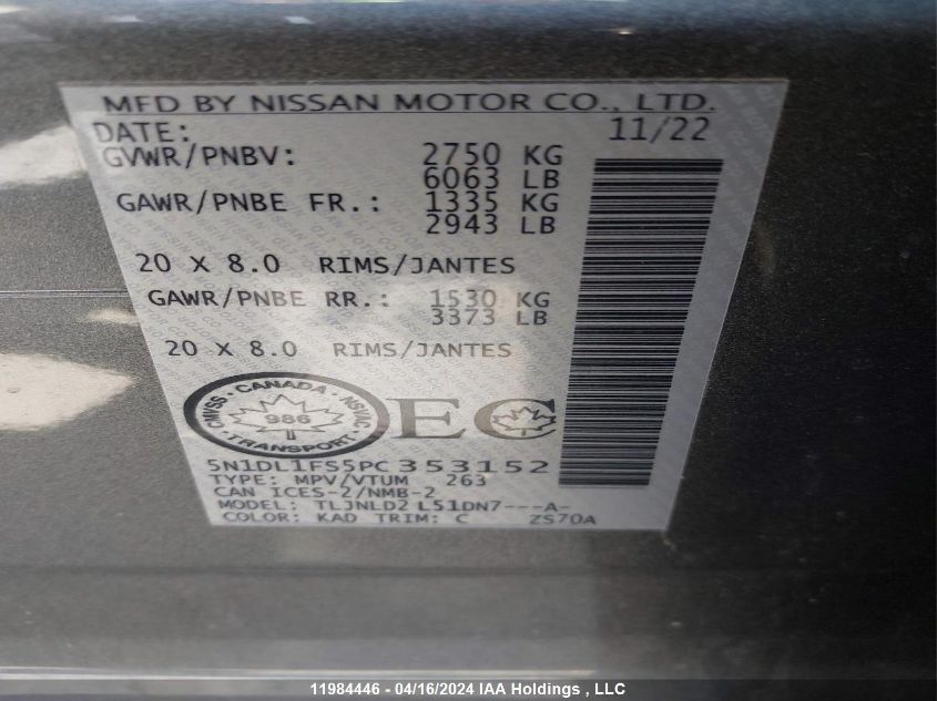 2023 Infiniti Qx60 VIN: 5N1DL1FS5PC353152 Lot: 11984446