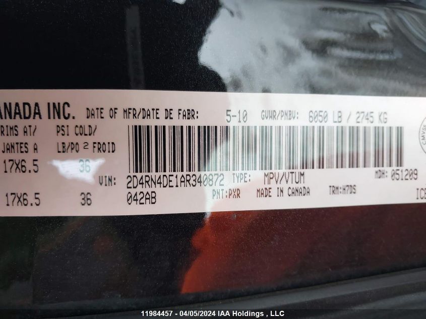 2010 Dodge Grand Caravan Se VIN: 2D4RN4DE1AR340872 Lot: 11984457