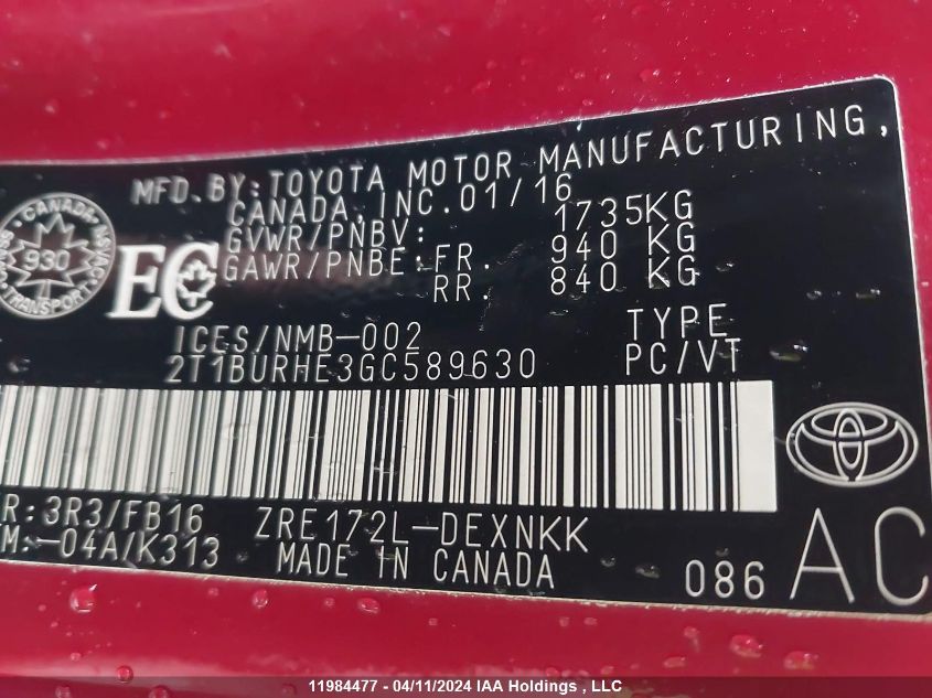 2016 Toyota Corolla L/Le/Le Pls/Prm/S/S Pls VIN: 2T1BURHE3GC589630 Lot: 11984477