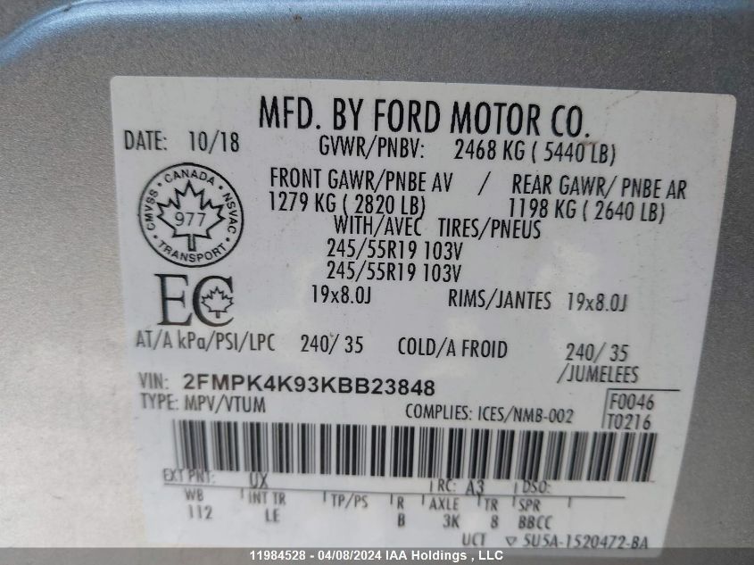 2019 Ford Edge Titanium VIN: 2FMPK4K93KBB23848 Lot: 11984528