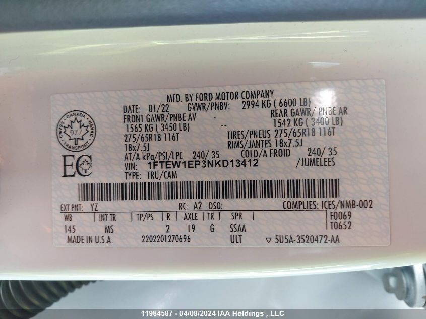 2022 Ford F-150 Xlt VIN: 1FTEW1EP3NKD13412 Lot: 11984587