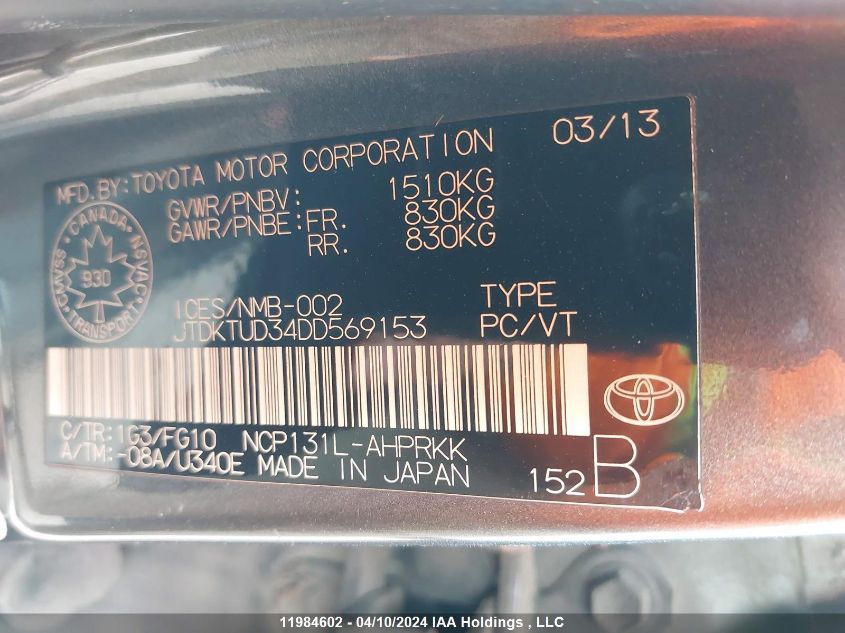 2013 Toyota Yaris VIN: JTDKTUD34DD569153 Lot: 11984602