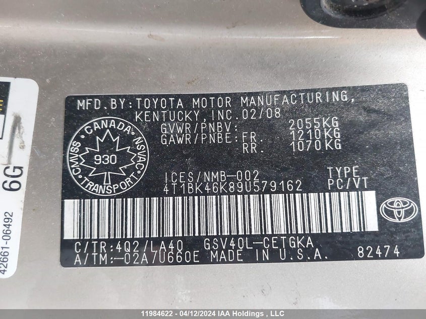 2009 Toyota Camry Le V6/Xle V6 VIN: 4T1BK46K89U579162 Lot: 11984622