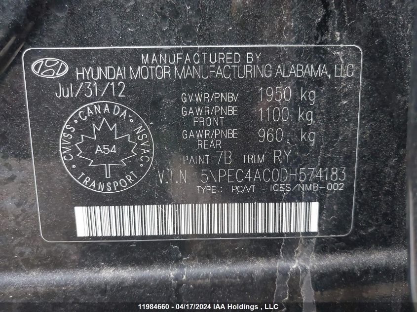 2013 Hyundai Sonata Limited VIN: 5NPEC4AC0DH574183 Lot: 11984660