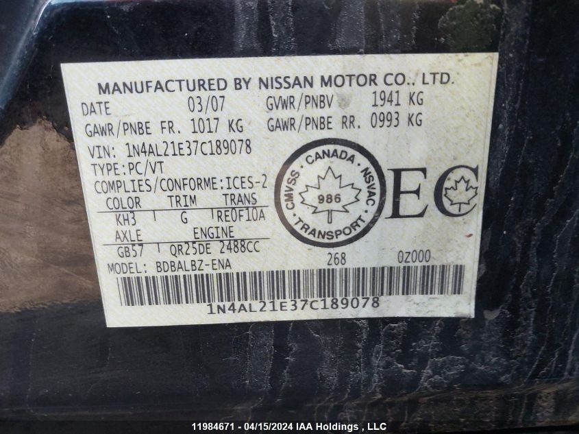 2007 Nissan Altima VIN: 1N4AL21E37C189078 Lot: 11984671