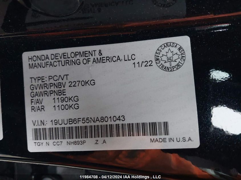 2022 Acura Tlx VIN: 19UUB6F55NA801043 Lot: 11984708