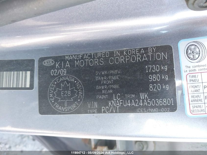 2010 Kia Forte VIN: KNAFU4A24A5036801 Lot: 11984712