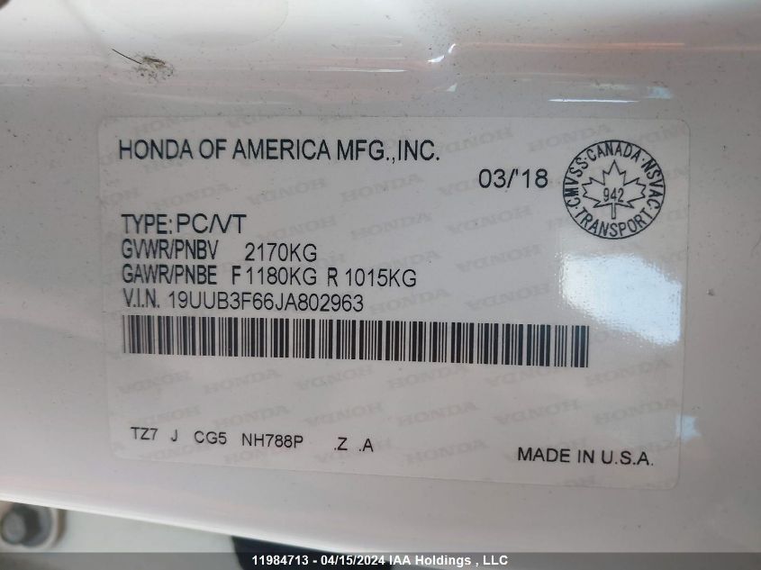 2018 Acura Tlx Tech+A/Tch+Ar VIN: 19UUB3F66JA802963 Lot: 11984713