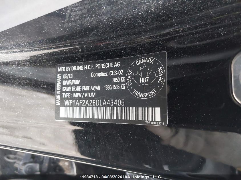 2013 Porsche Cayenne VIN: WP1AF2A26DLA43405 Lot: 11984718