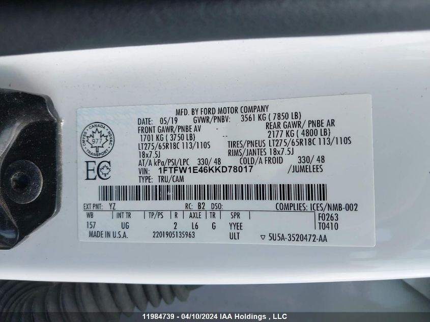 2019 Ford F-150 VIN: 1FTFW1E46KKD78017 Lot: 11984739