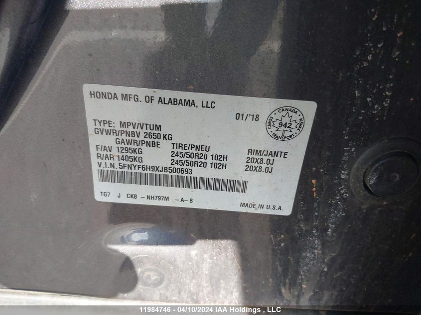 2018 Honda Pilot VIN: 5FNYF6H9XJB500693 Lot: 11984746