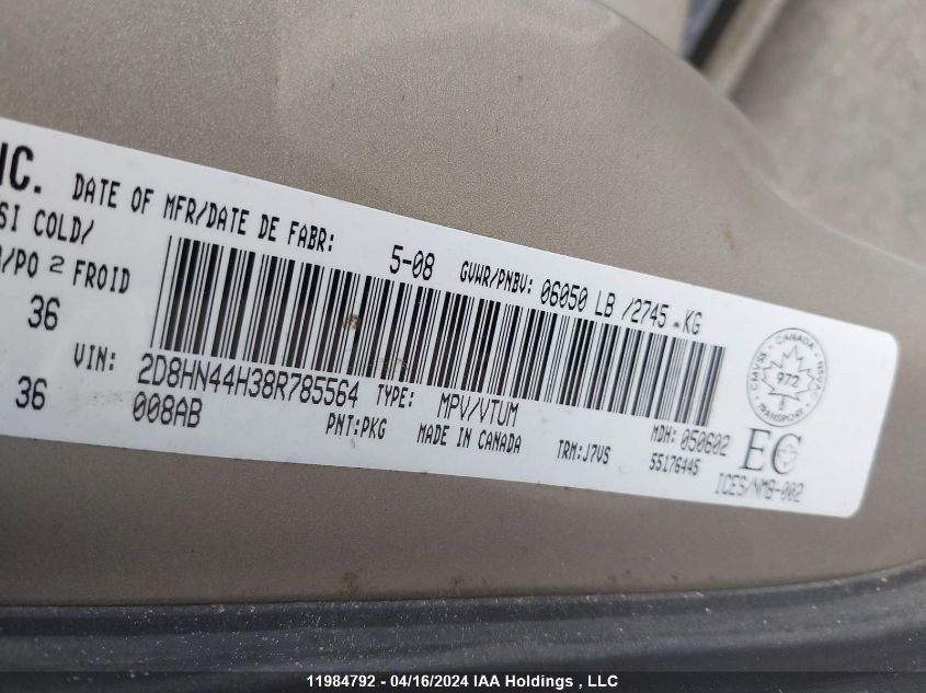 2008 Dodge Grand Caravan Se VIN: 2D8HN44H38R785564 Lot: 11984792
