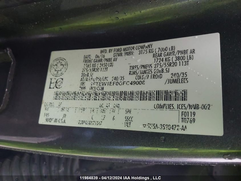 2016 Ford F-150 Xlt VIN: 1FTEW1EF0GFC49008 Lot: 11984839