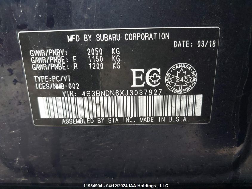 2018 Subaru Legacy VIN: 4S3BNDN6XJ3037927 Lot: 11984904