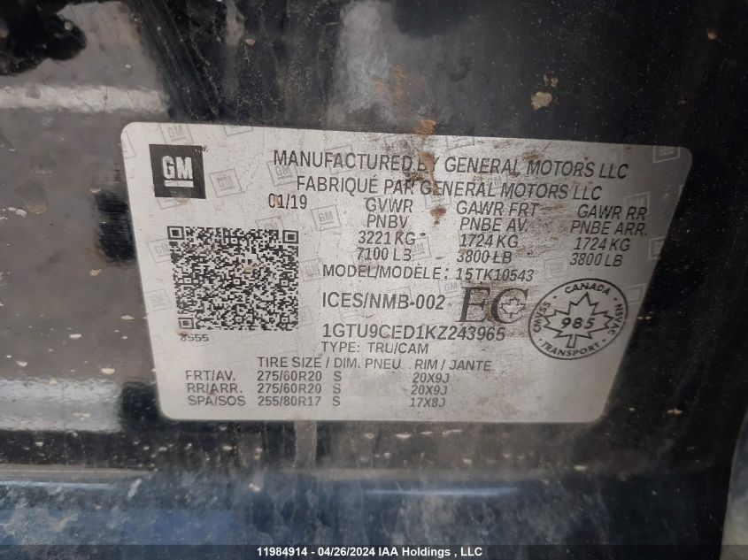 2019 GMC Sierra 1500 VIN: 1GTU9CED1KZ243965 Lot: 11984914