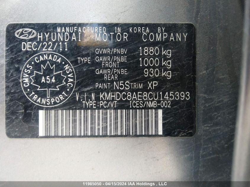 2012 Hyundai Elantra VIN: KMHDC8AE8CU145393 Lot: 11985050