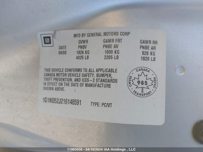 2001 Chevrolet Malibu VIN: 1G1ND52J216148591 Lot: 39227274