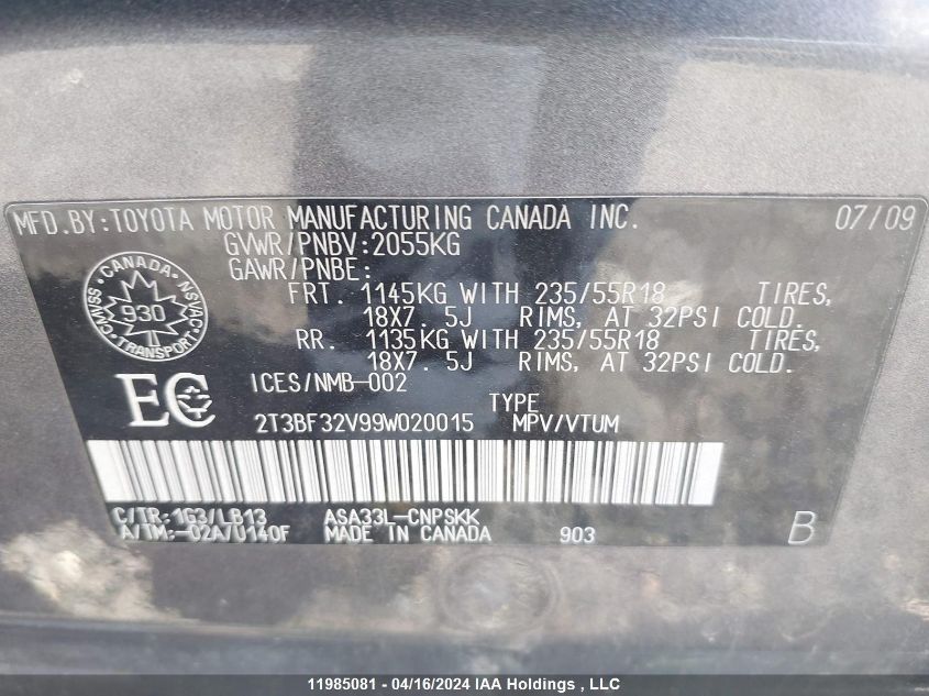 2009 Toyota Rav4 Sport VIN: 2T3BF32V99W020015 Lot: 11985081