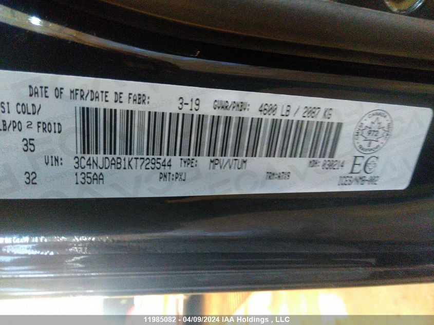 2019 Jeep Compass Sport VIN: 3C4NJDAB1KT729544 Lot: 11985082